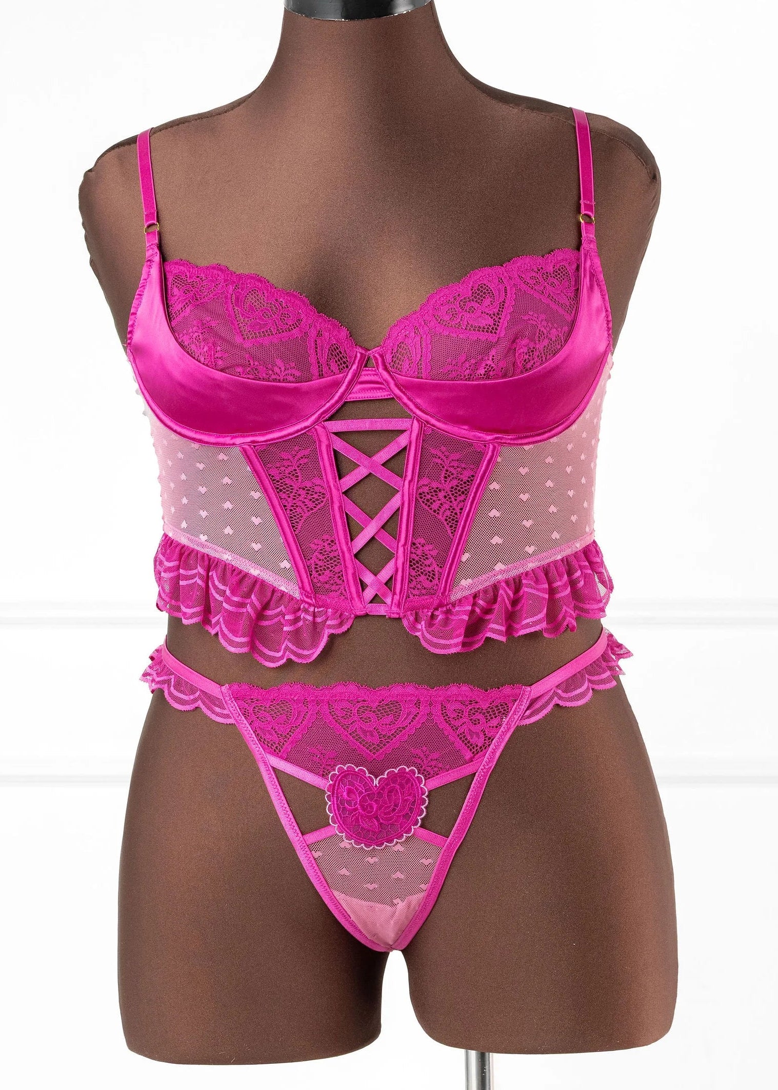 Satin & Scalloped Lace Underwire Bustier - Fuchsia - Image 13