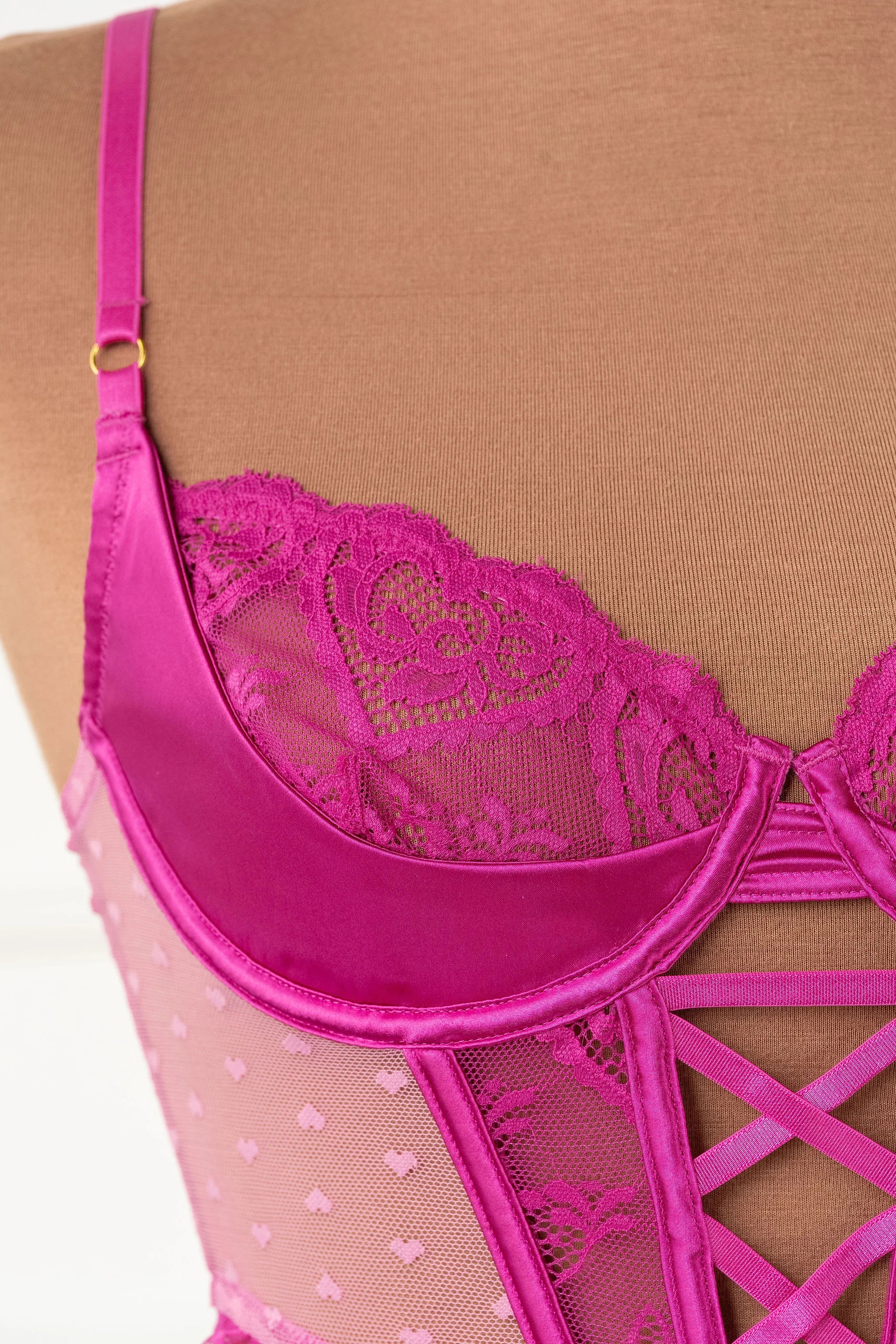 Satin & Scalloped Lace Underwire Bustier - Fuchsia - Image 8