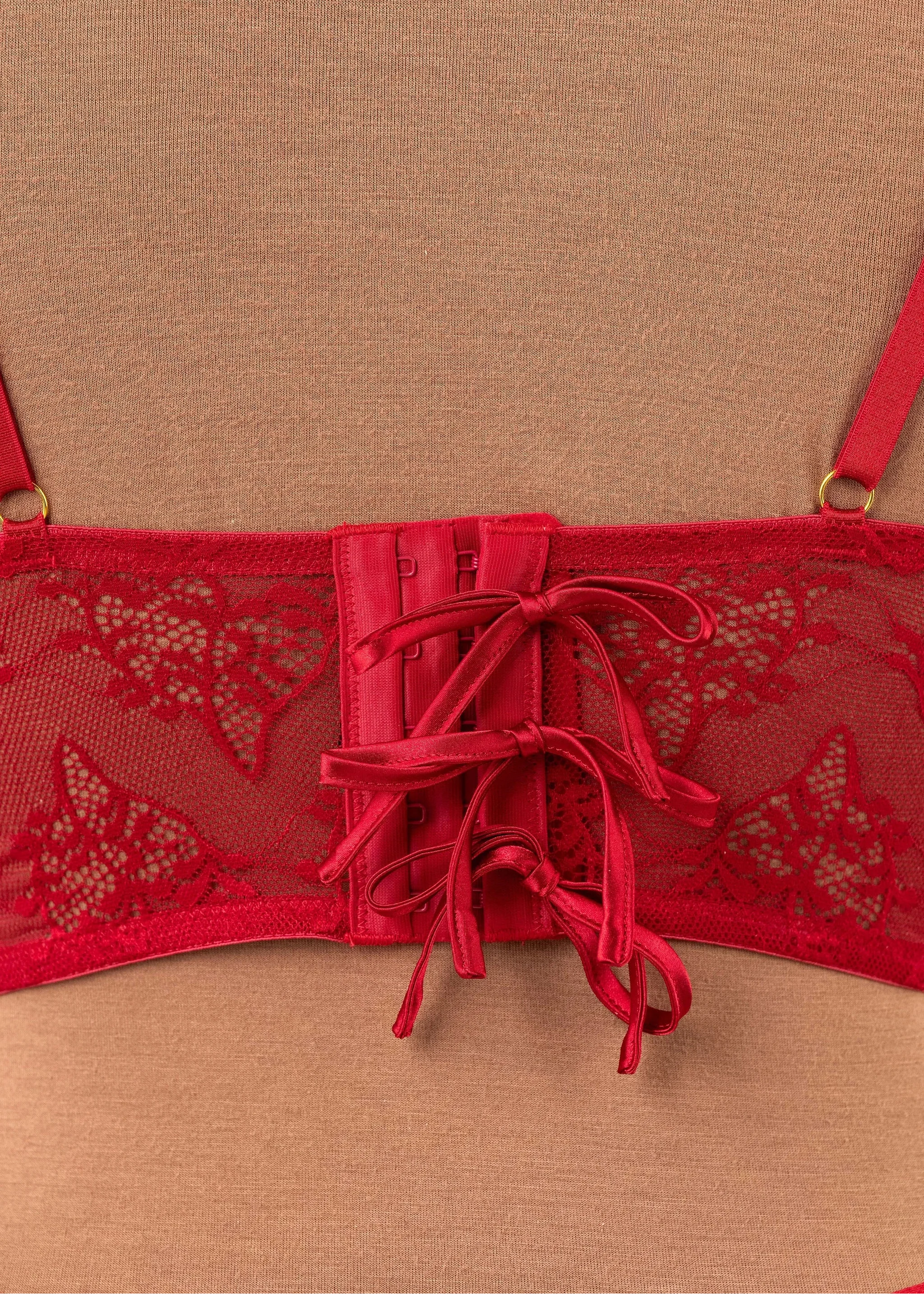Satin & Scalloped Lace Underwire Bustier - Red - Image 10