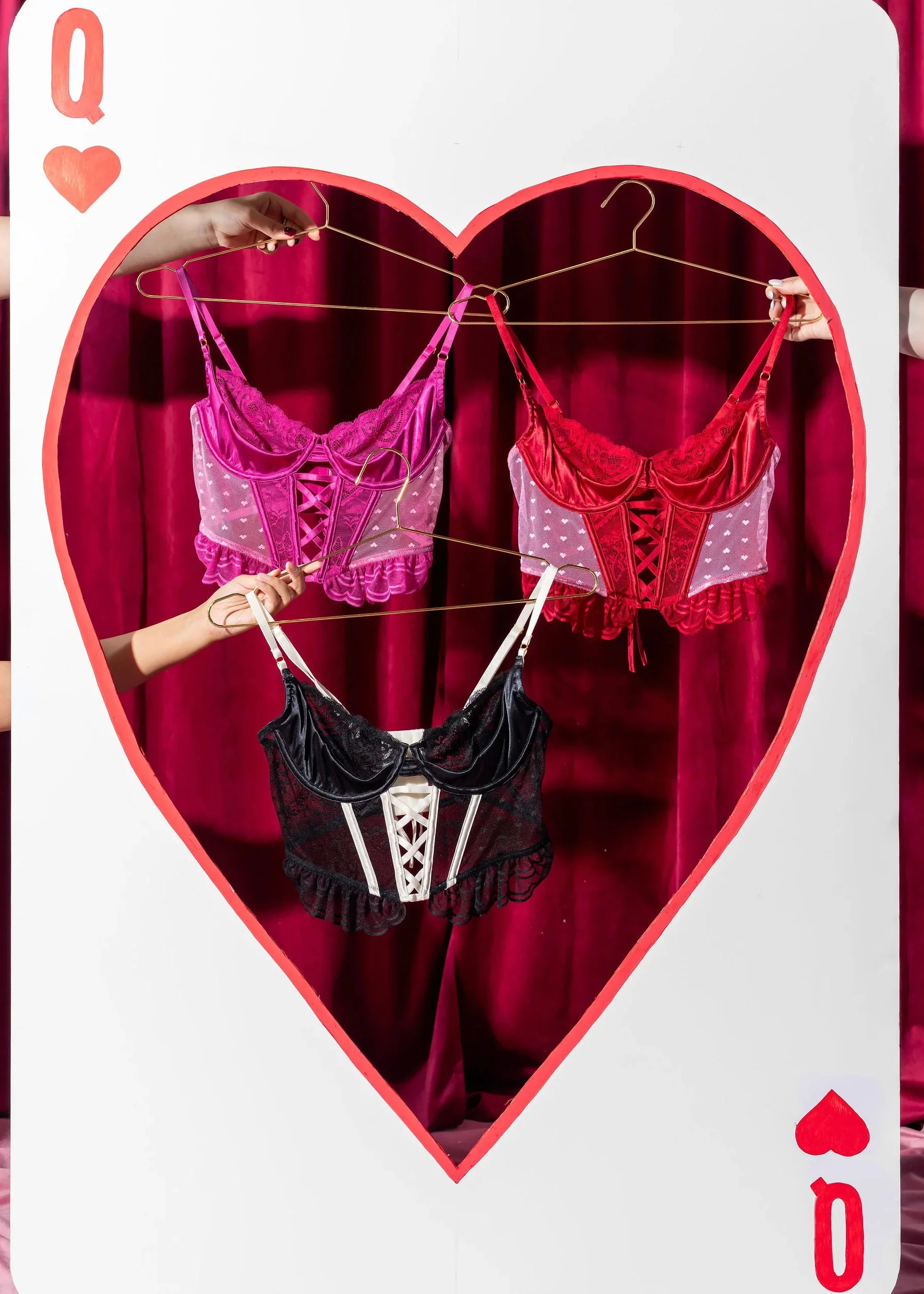 Satin & Scalloped Lace Underwire Bustier - Red - Image 14