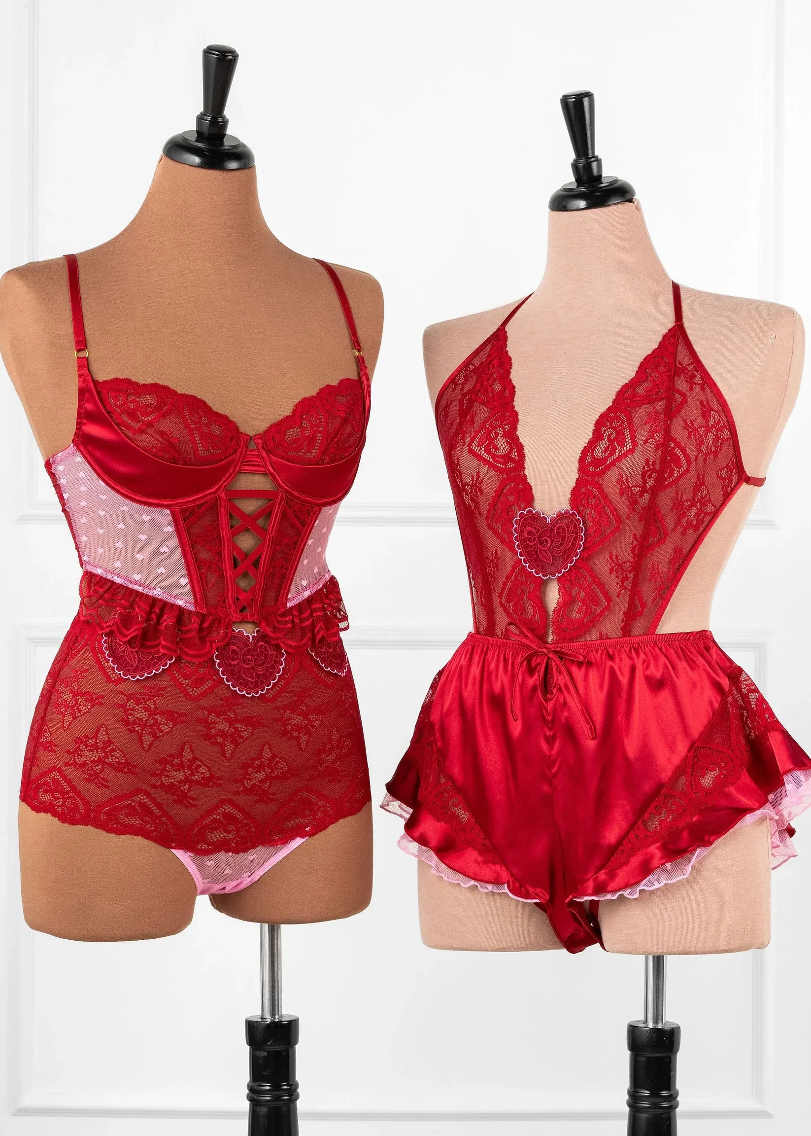 Satin & Scalloped Lace Underwire Bustier - Red - Image 15