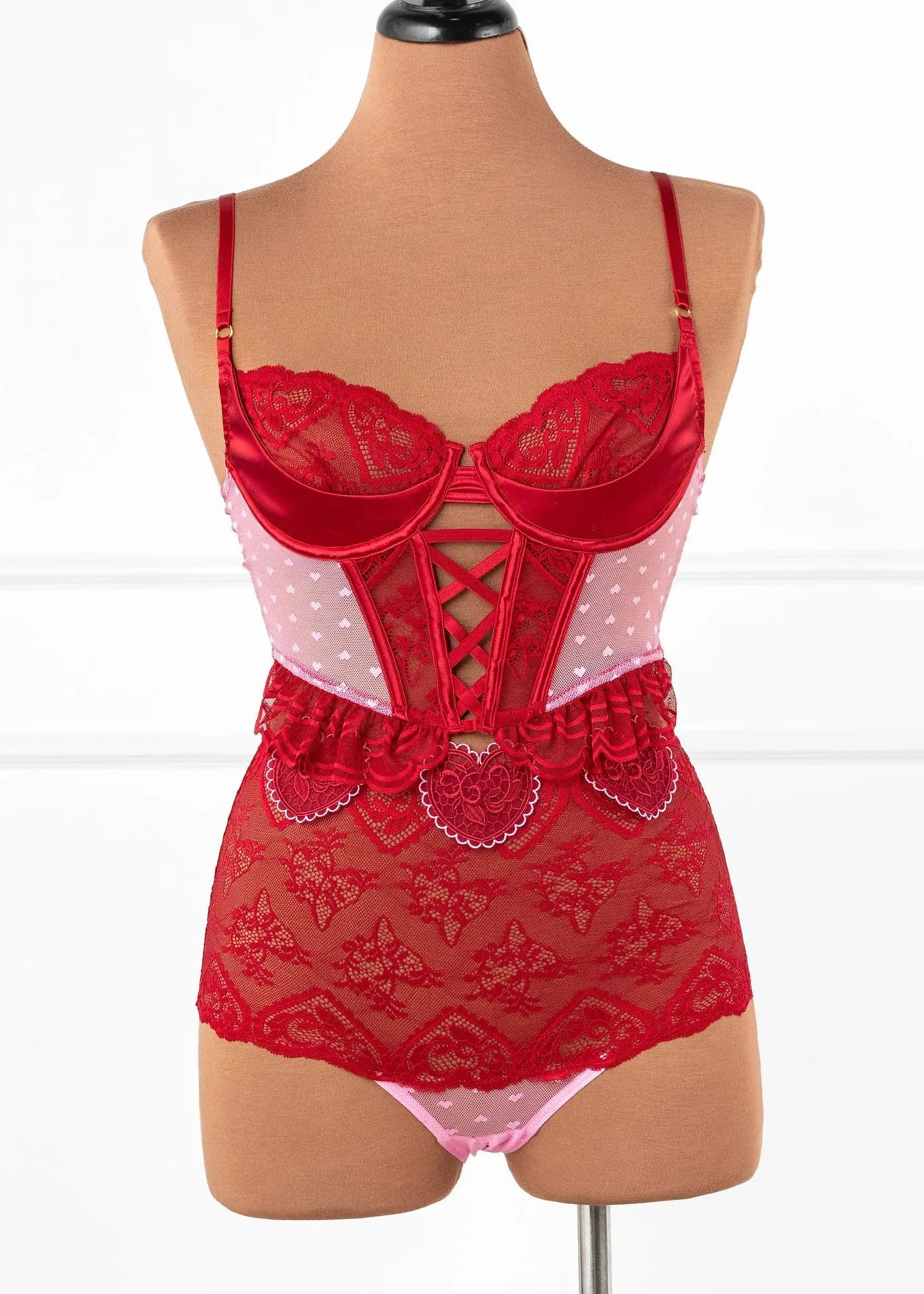 Satin & Scalloped Lace Underwire Bustier - Red - Image 16
