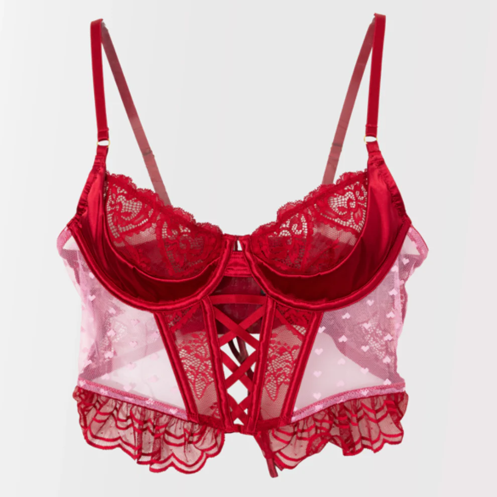 Satin & Scalloped Lace Underwire Bustier - Red - Image 17