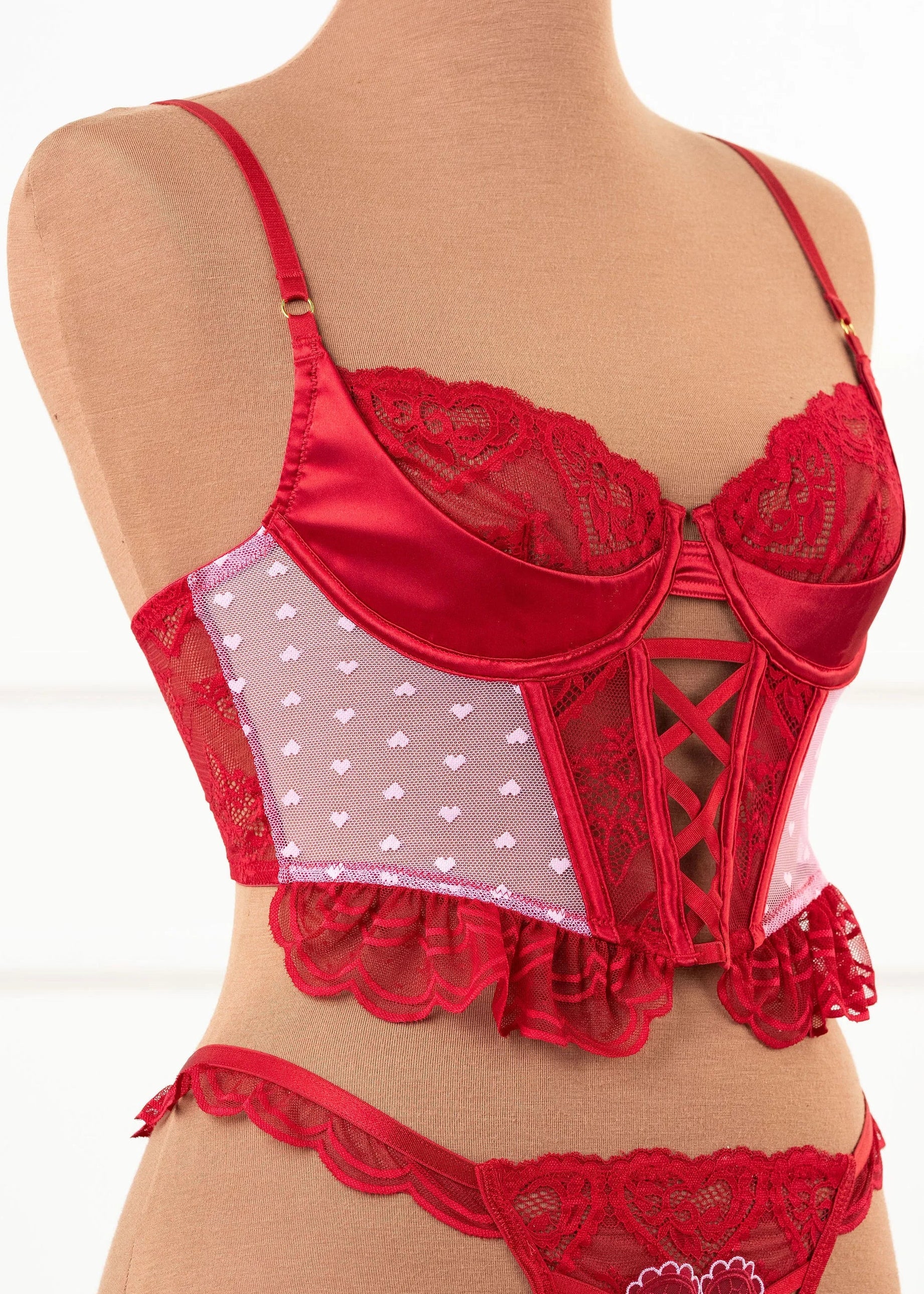 Satin & Scalloped Lace Underwire Bustier - Red - Image 7