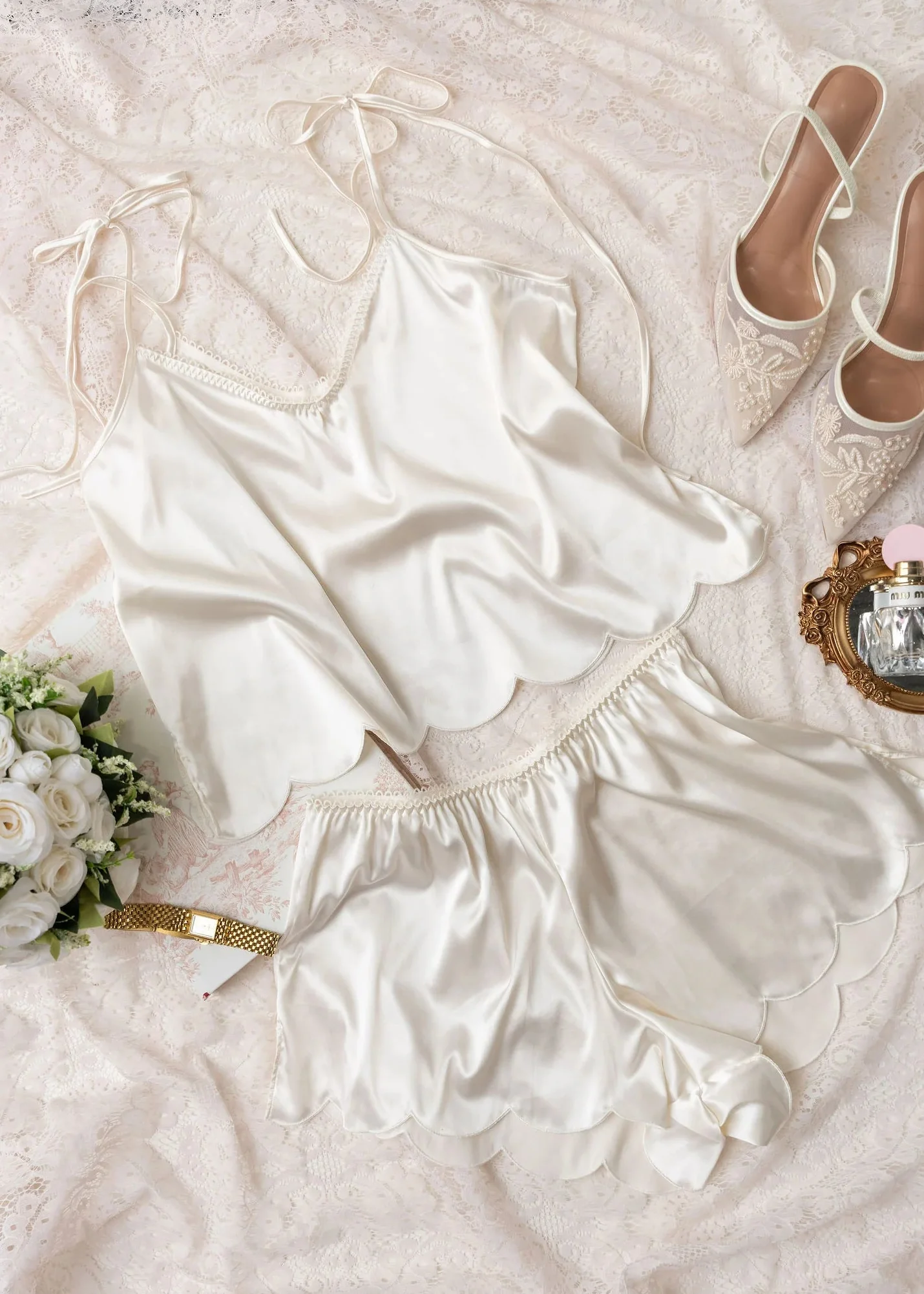 Scalloped Embroidered Satin Cami - Pearl - Image 10