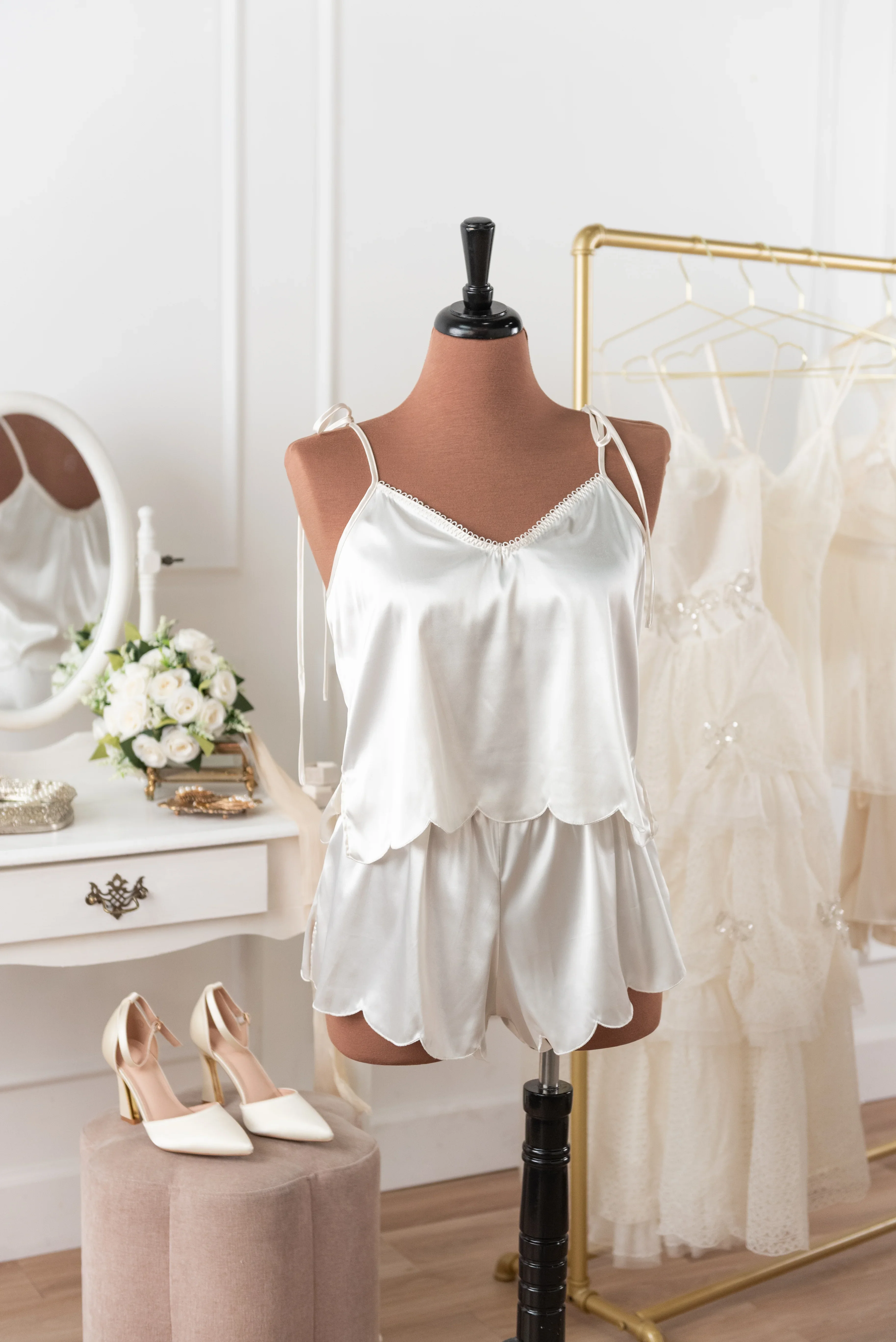 Scalloped Embroidered Satin Cami - Pearl - Image 16