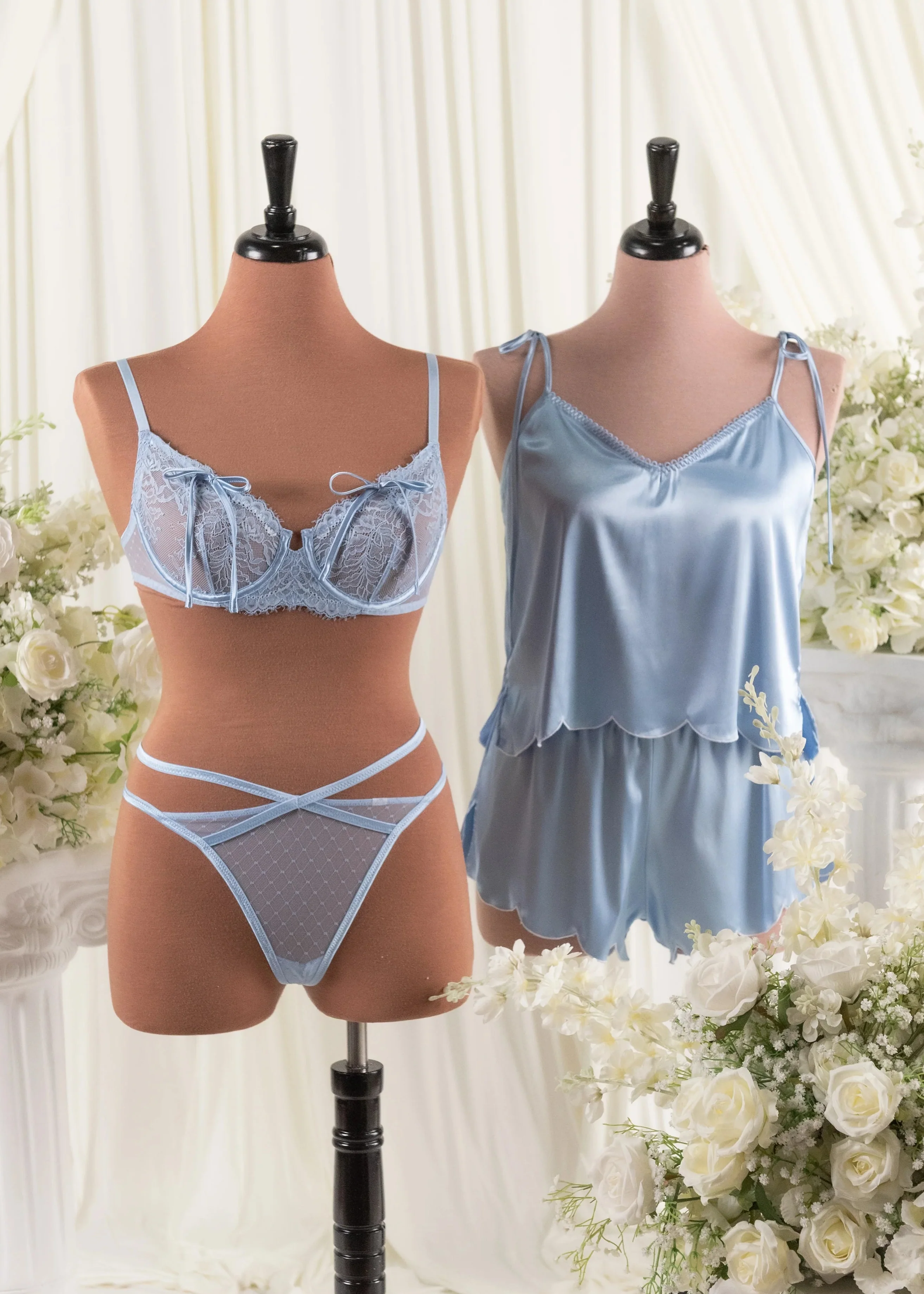 Scalloped Embroidered Satin Cami - Sky Blue - Image 15