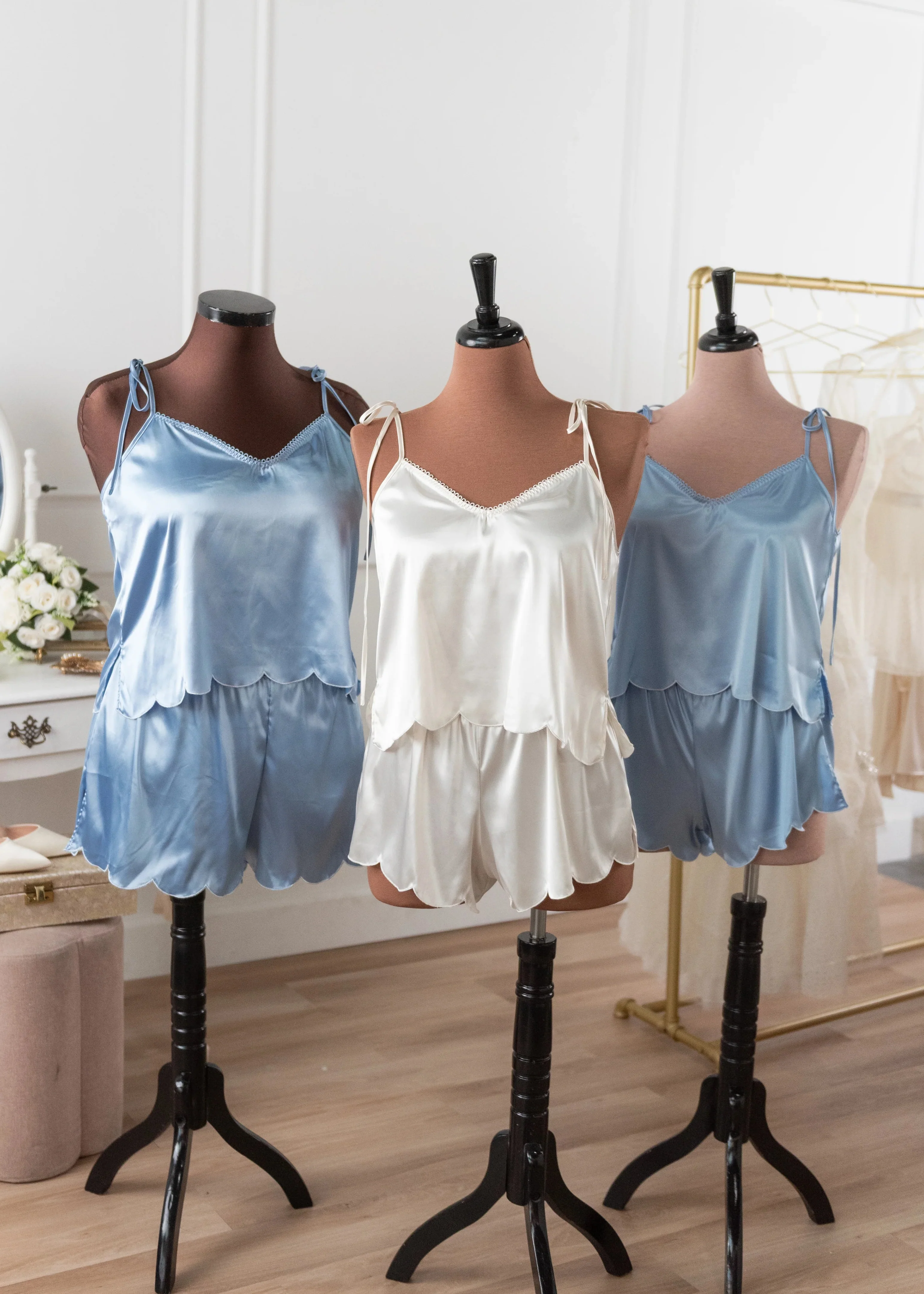 Scalloped Embroidered Satin Cami - Sky Blue - Image 16