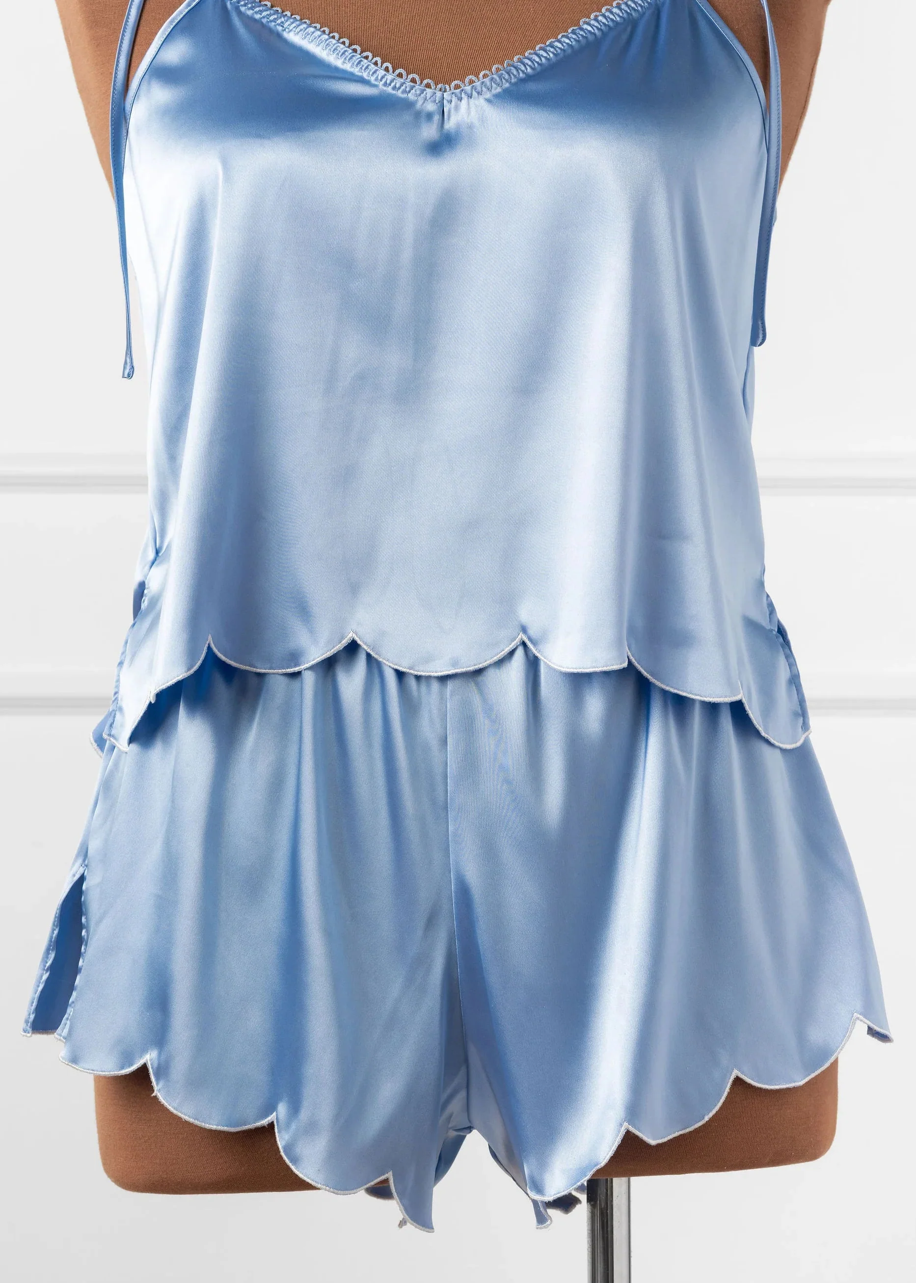 Scalloped Embroidered Satin Cami - Sky Blue - Image 7