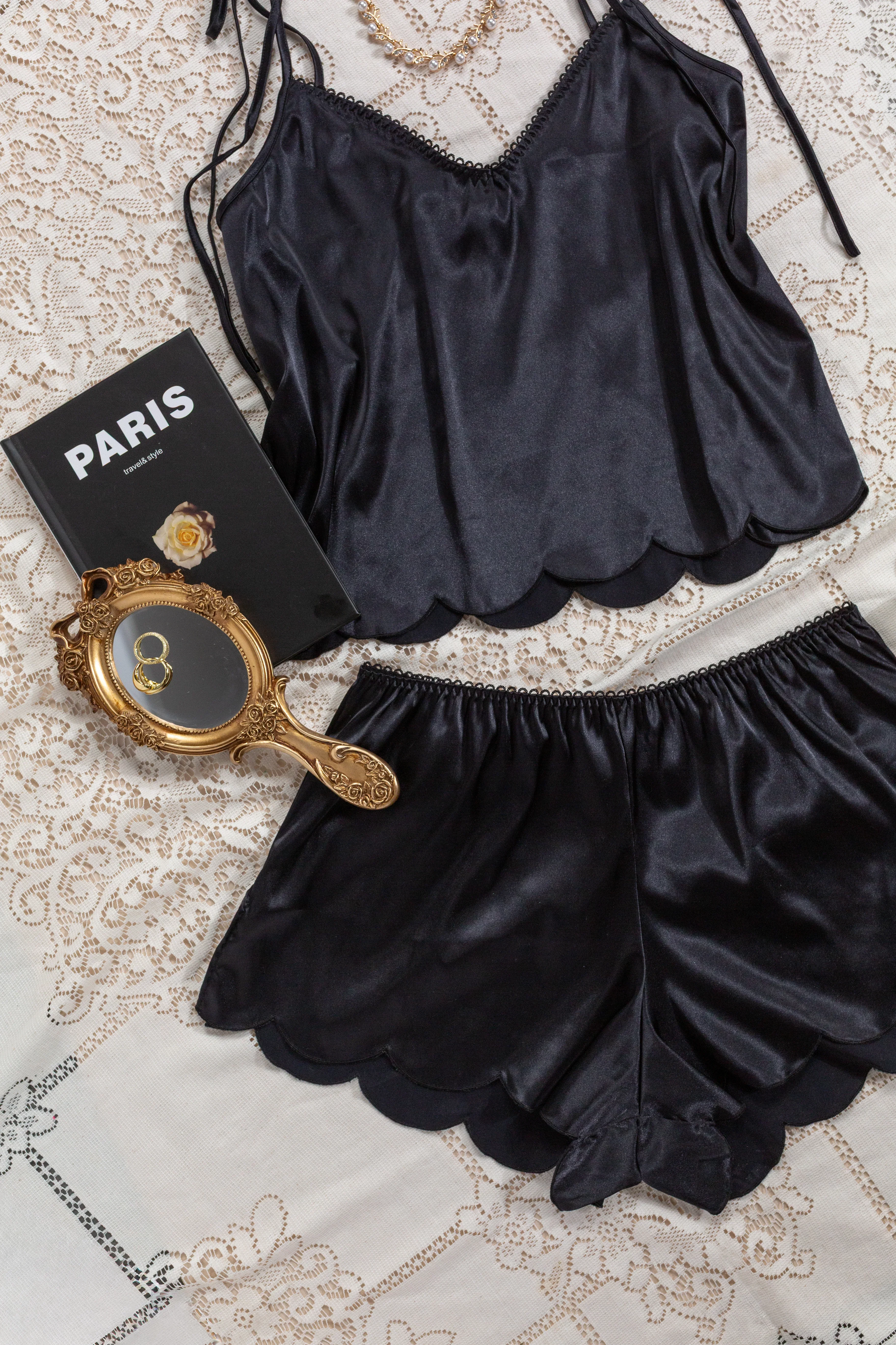 Scalloped Embroidered Satin Shorts - Black - Image 8