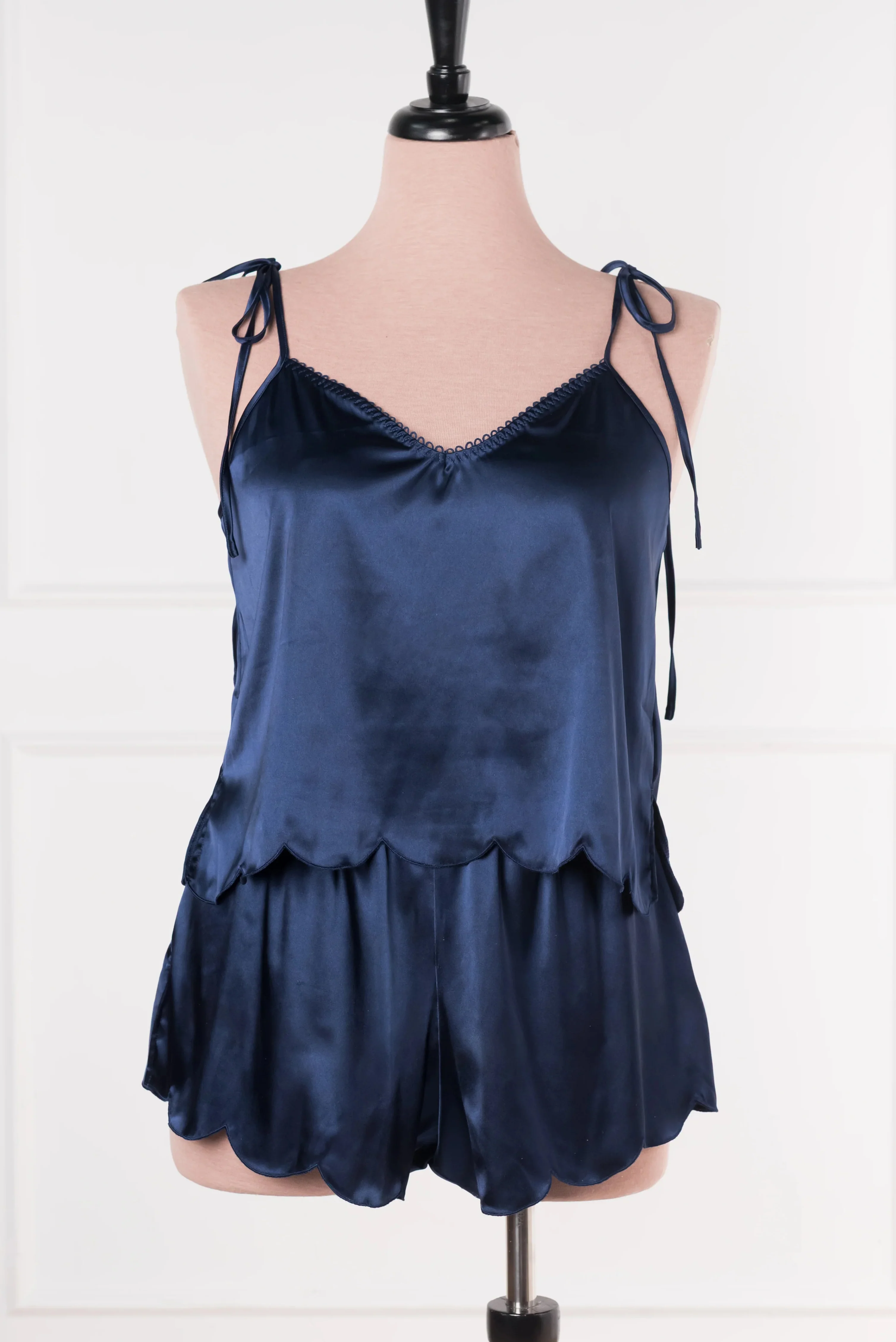 Scalloped Embroidered Satin Shorts - Navy - Image 3