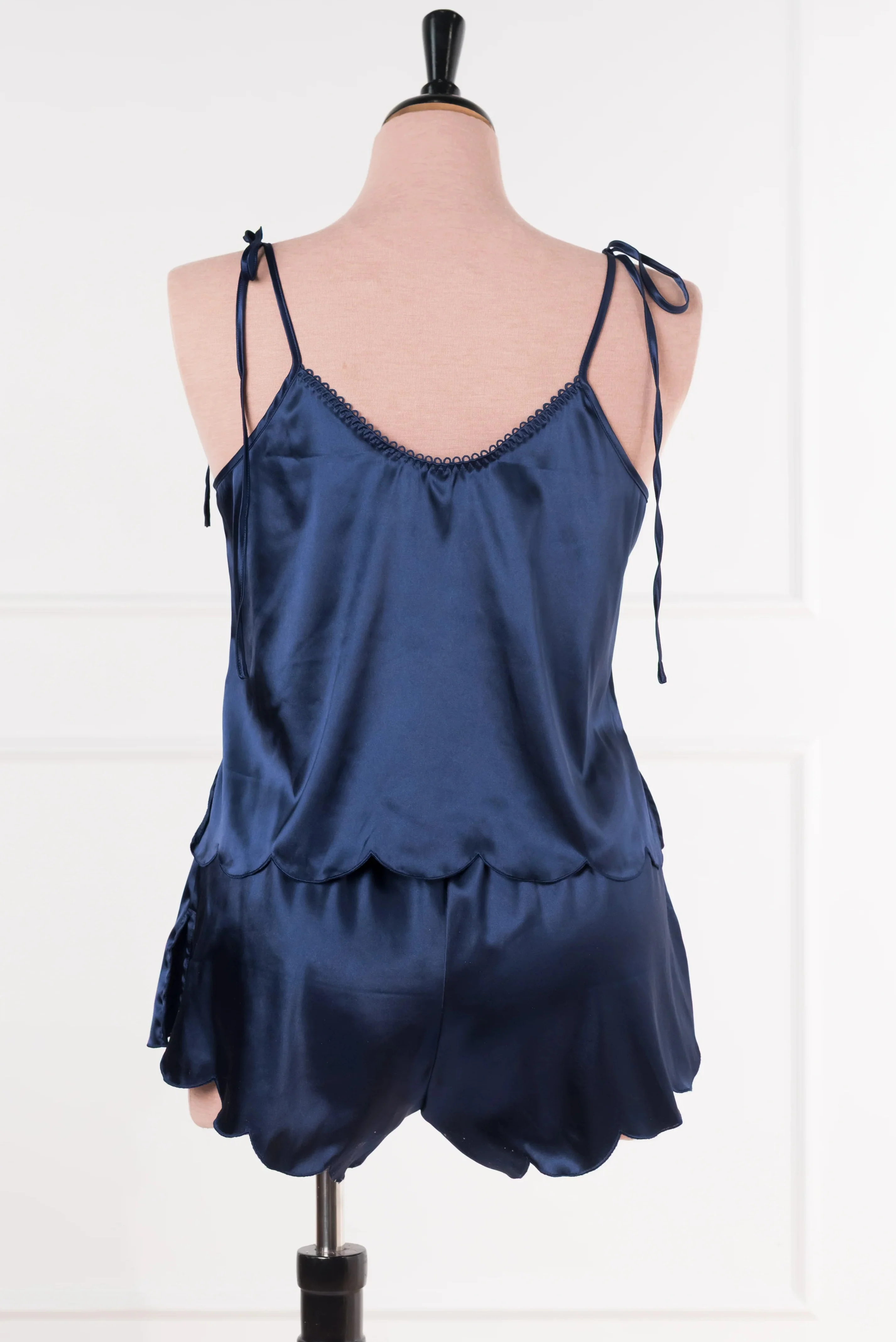 Scalloped Embroidered Satin Shorts - Navy - Image 5