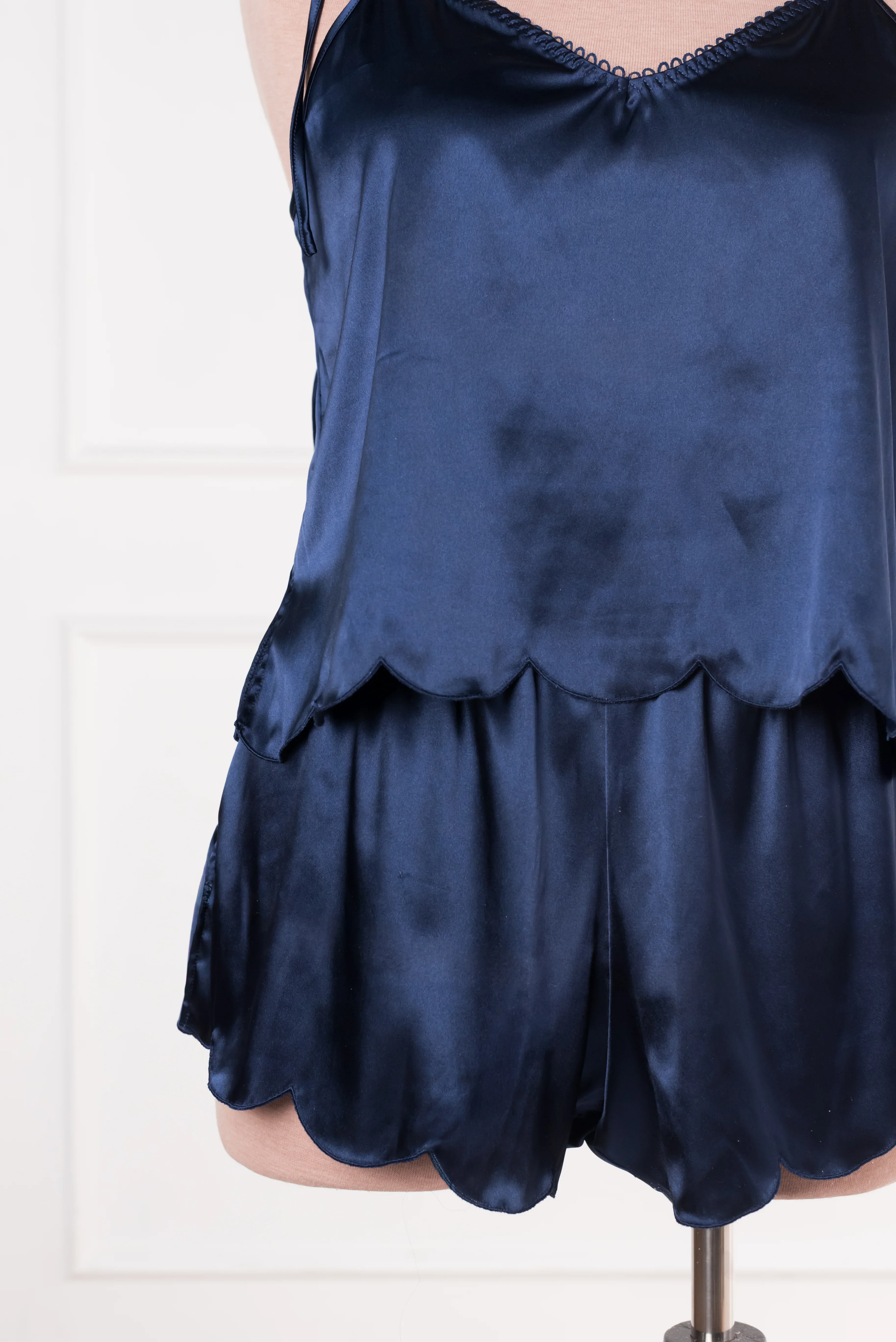 Scalloped Embroidered Satin Shorts - Navy - Image 6