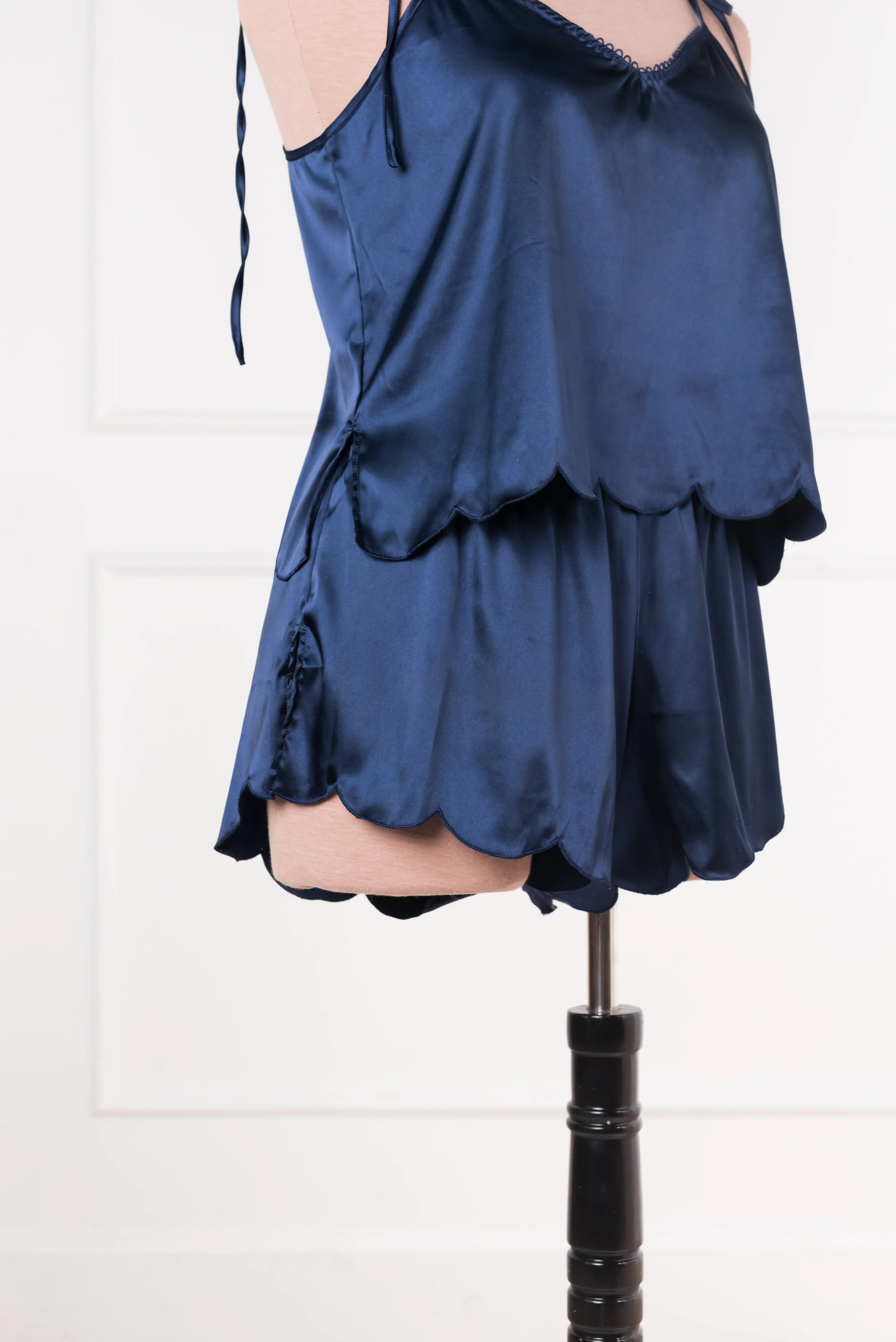 Scalloped Embroidered Satin Shorts - Navy - Image 8