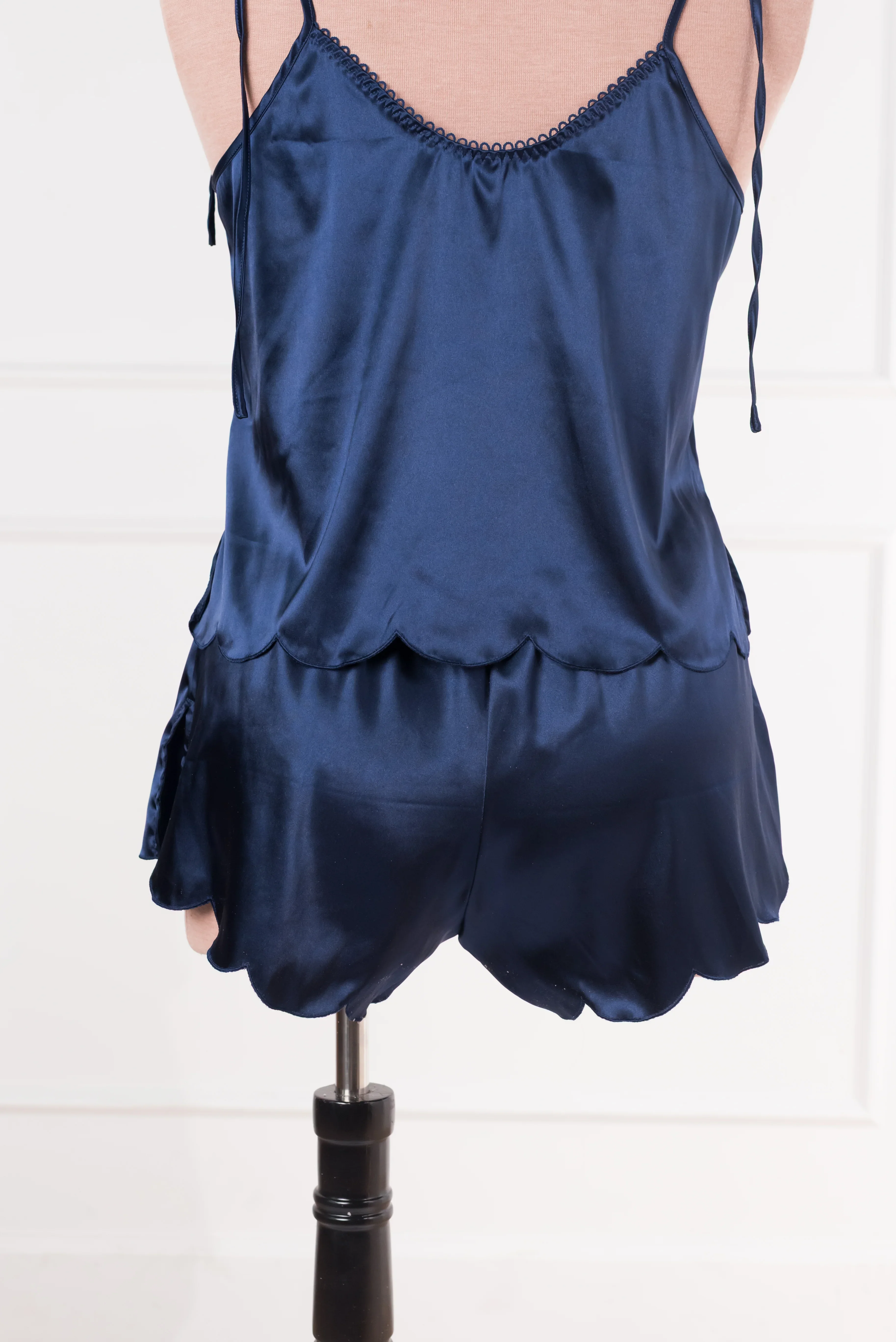 Scalloped Embroidered Satin Shorts - Navy - Image 9