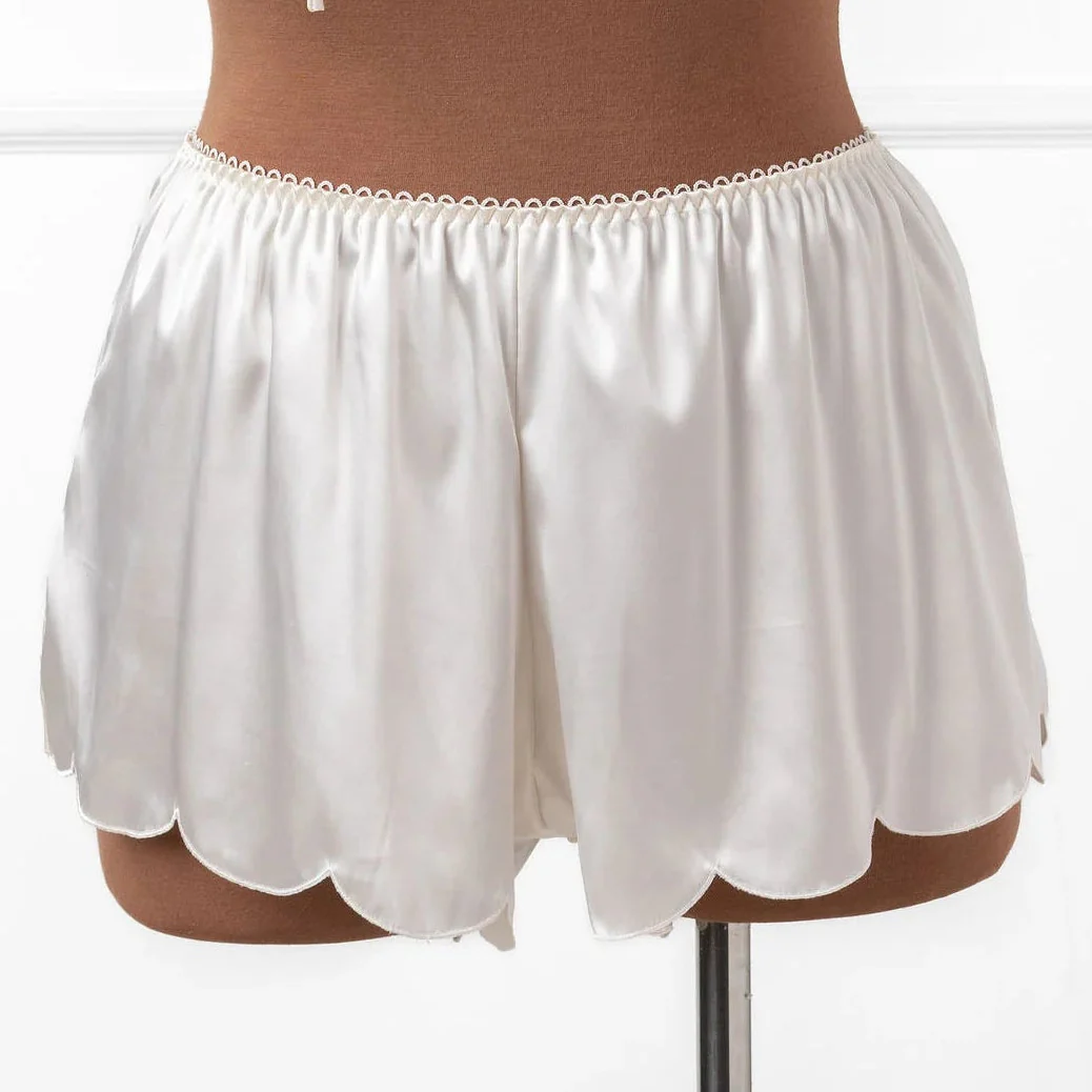 Scalloped Embroidered Satin Shorts - Pearl
