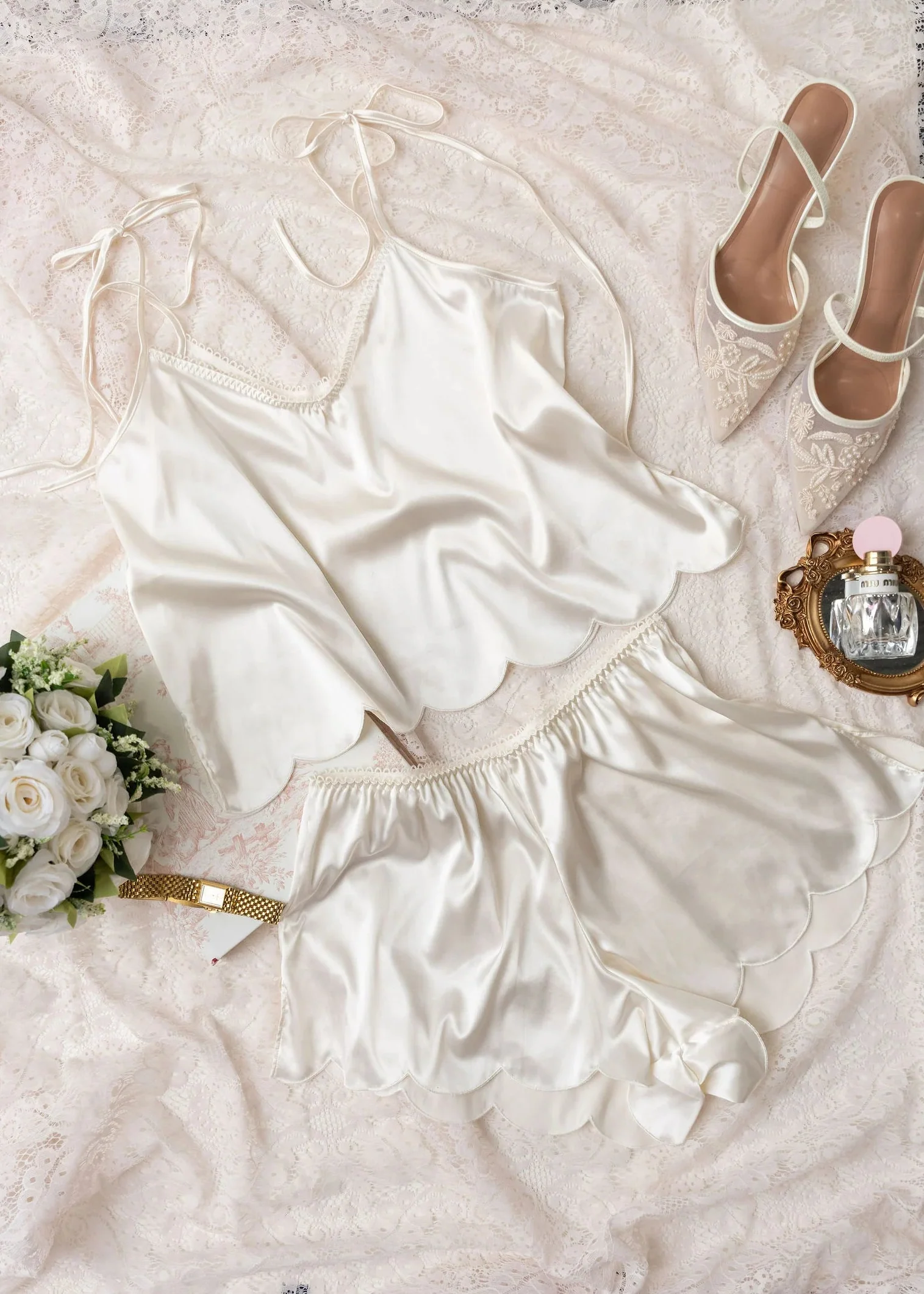 Scalloped Embroidered Satin Shorts - Pearl - Image 12