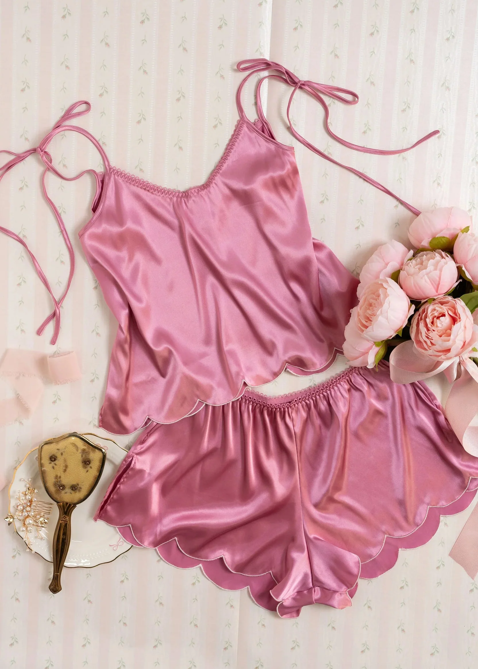 Scalloped Embroidered Satin Shorts - Rose - Image 12