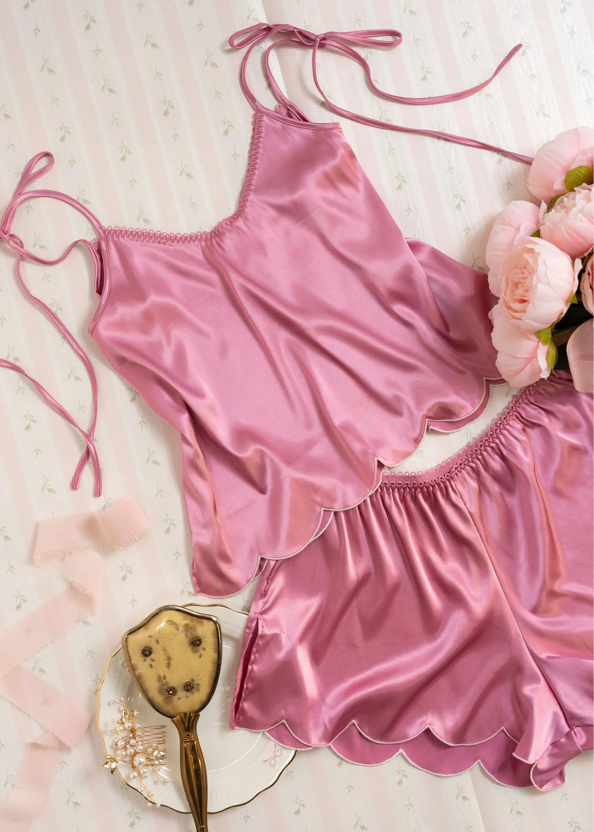 Scalloped Embroidered Satin Shorts - Rose - Image 13