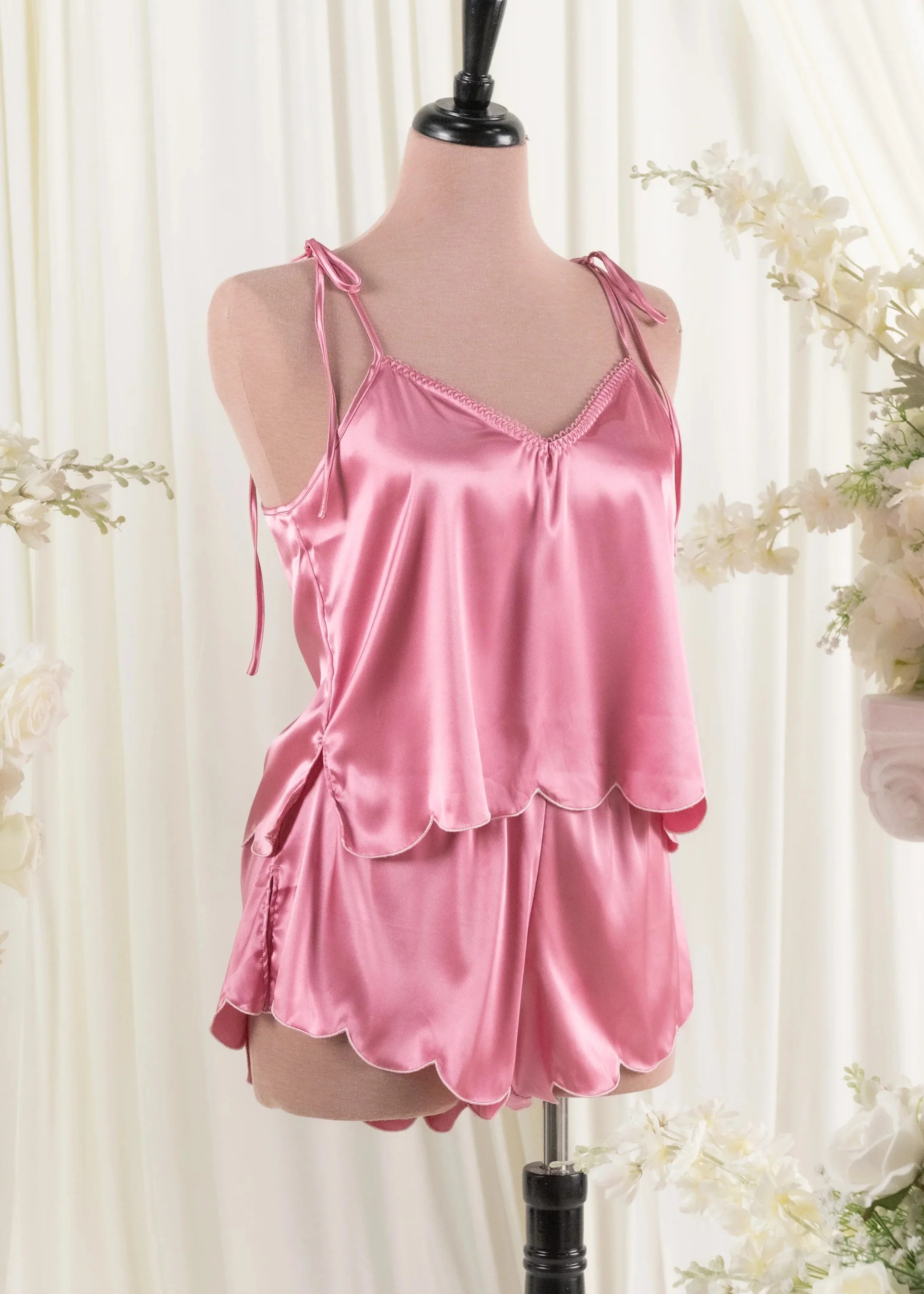 Scalloped Embroidered Satin Shorts - Rose - Image 14