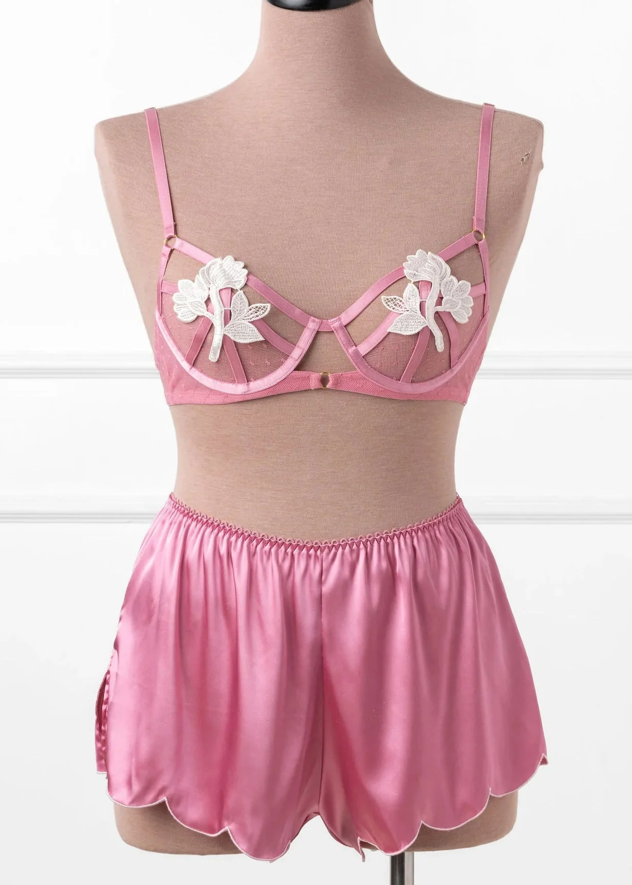 Scalloped Embroidered Satin Shorts - Rose - Image 6