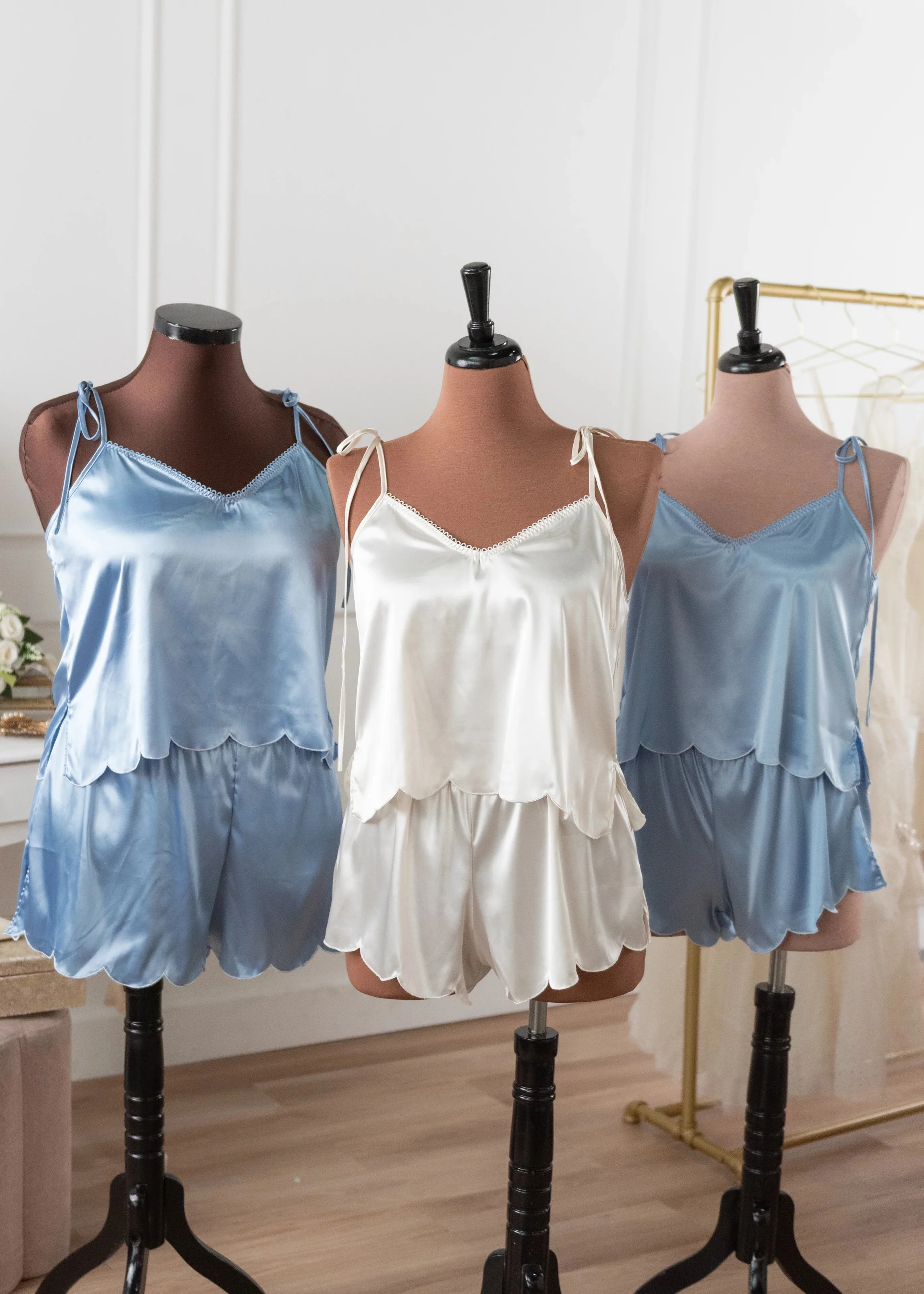 Scalloped Embroidered Satin Shorts - Sky Blue - Image 10