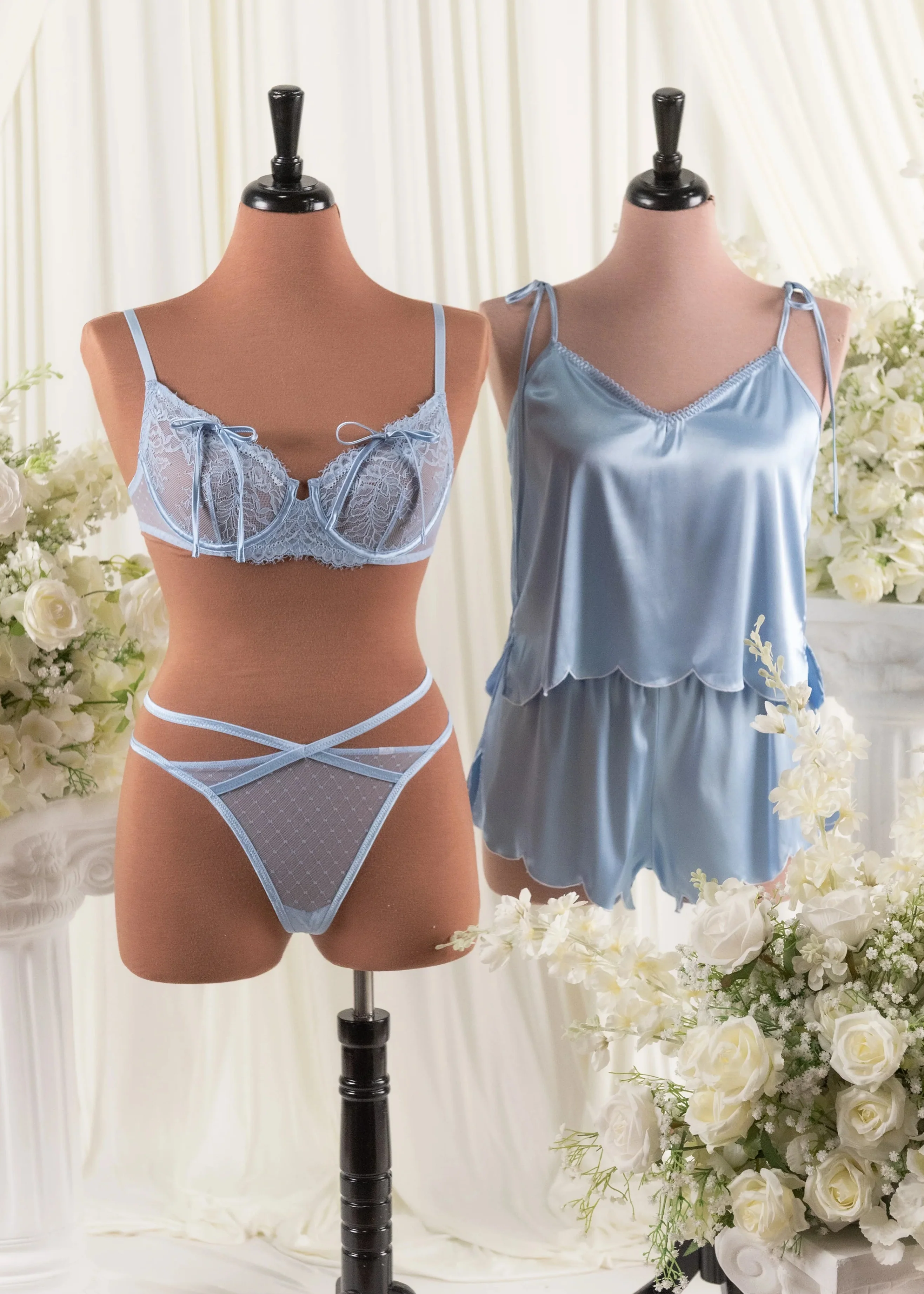 Scalloped Embroidered Satin Shorts - Sky Blue - Image 11