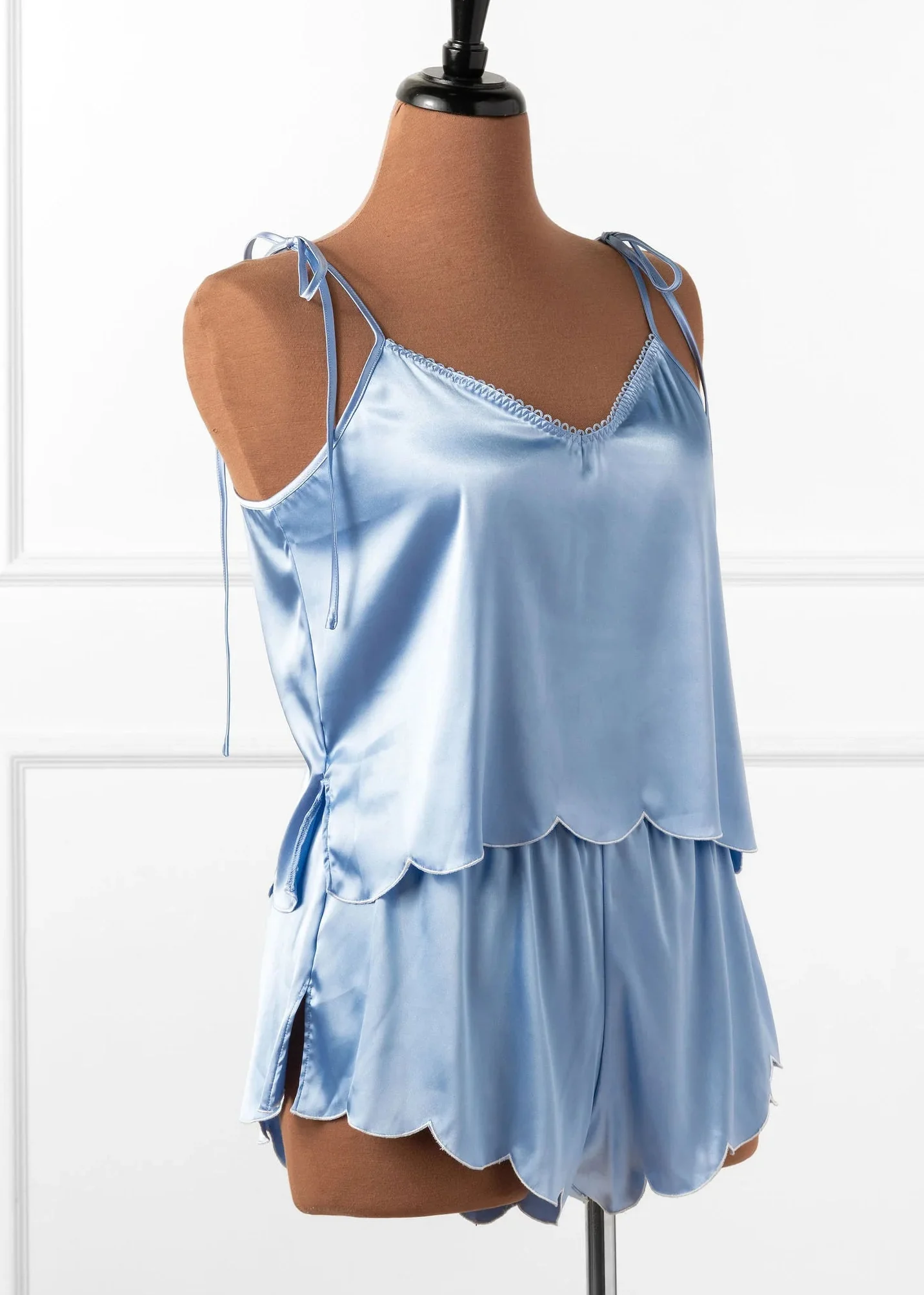 Scalloped Embroidered Satin Shorts - Sky Blue - Image 3