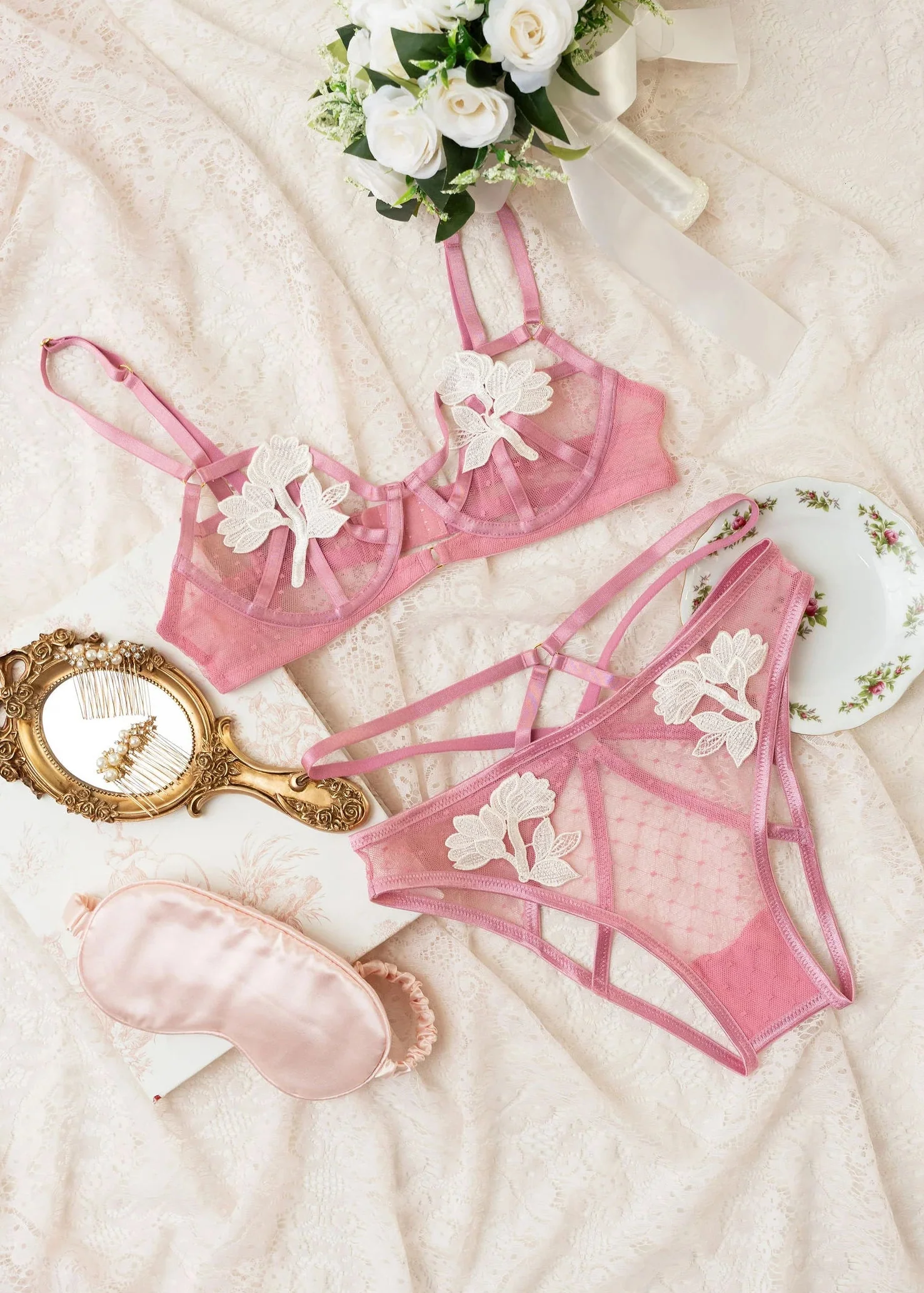 Strappy Appliqué Ouvert Panty - Rose - Image 8