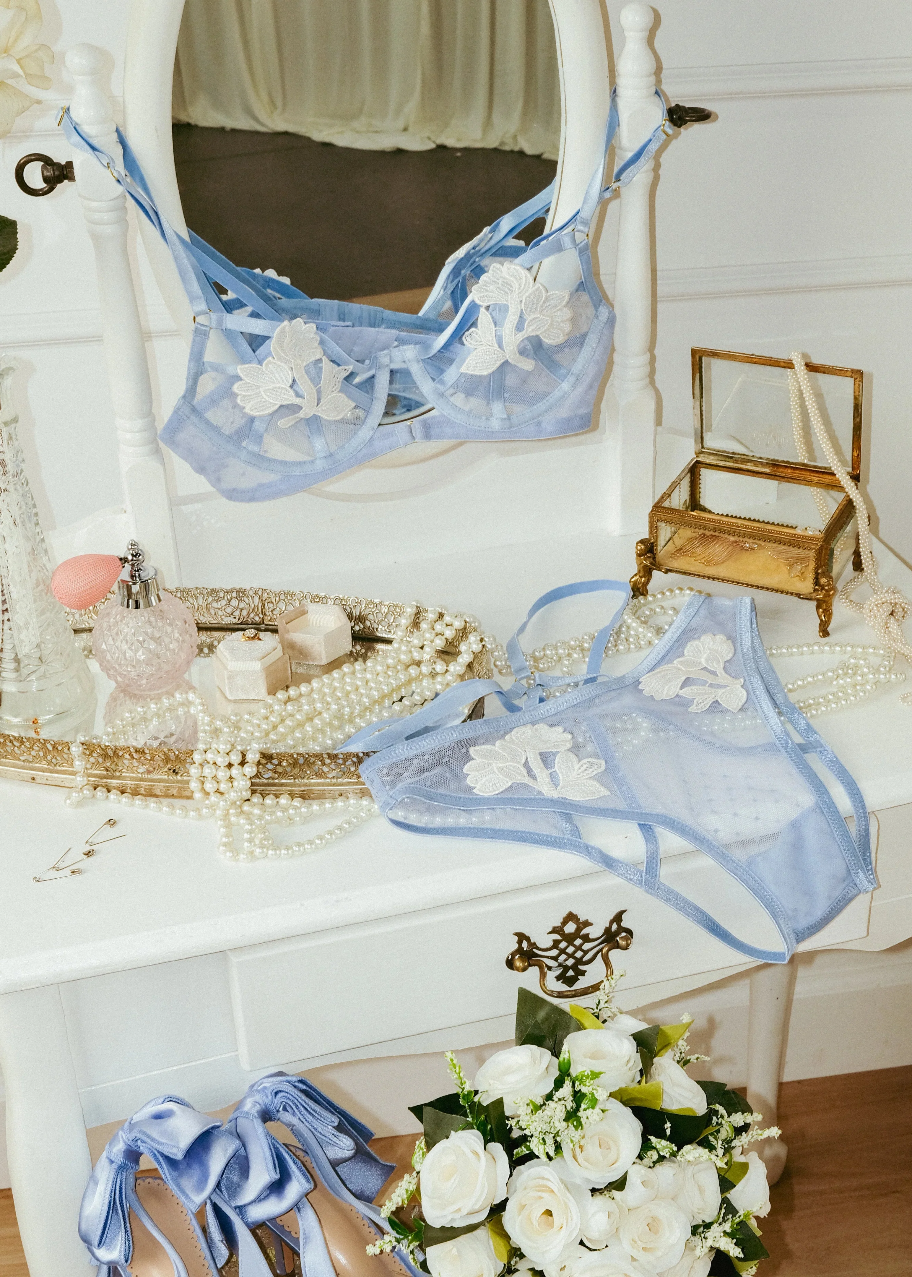 Strappy Appliqué Ouvert Panty - Sky Blue - Image 16